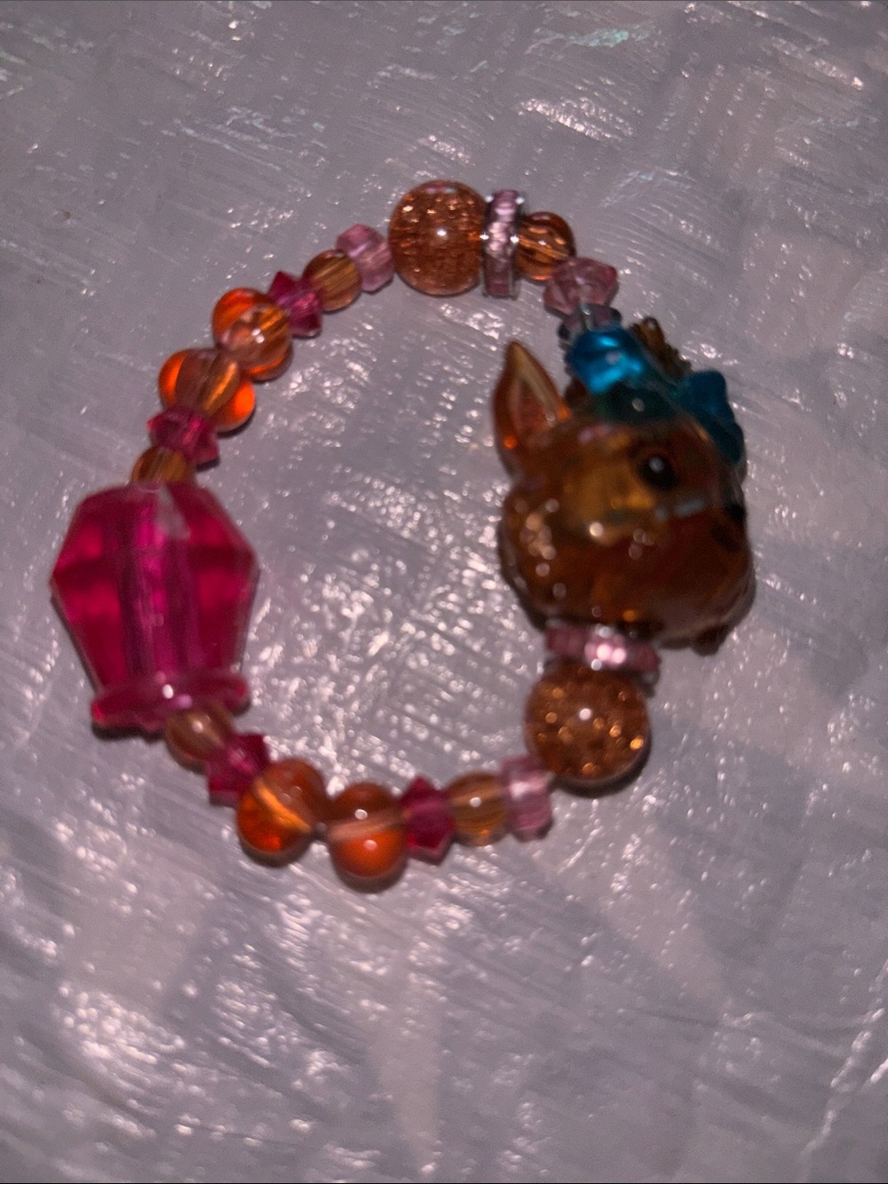 Girls Pink & Orange Beaded Stretch Bracelet with Animal Charm